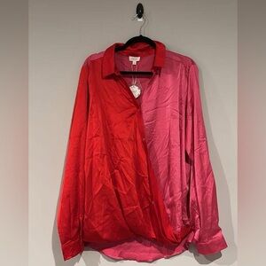 Oddy 3x Two-Tone Red and Pink Satin Button-Up Shirt nwt